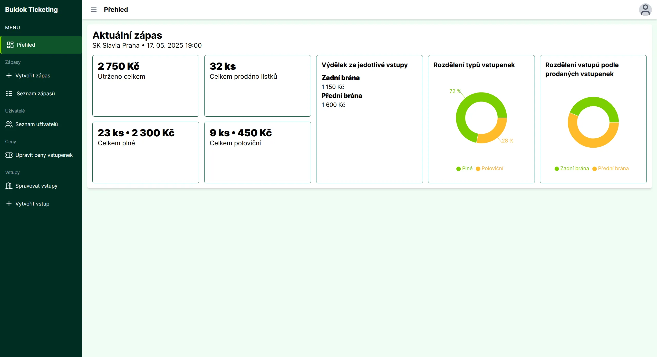 Screenshot aplikace Ticketing systém pro fotbalový klub