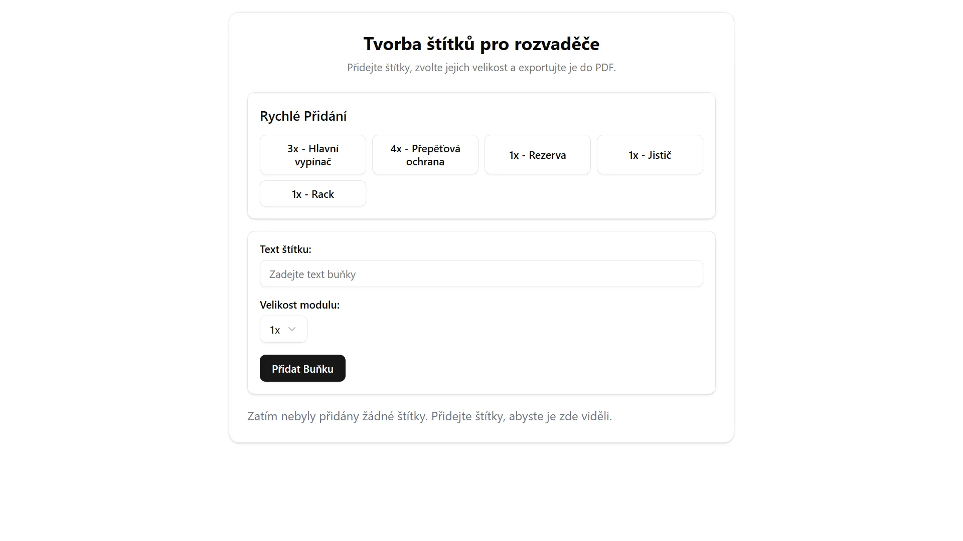 Screenshot aplikace Generátor pro tvorbu štítků na rozvaděče